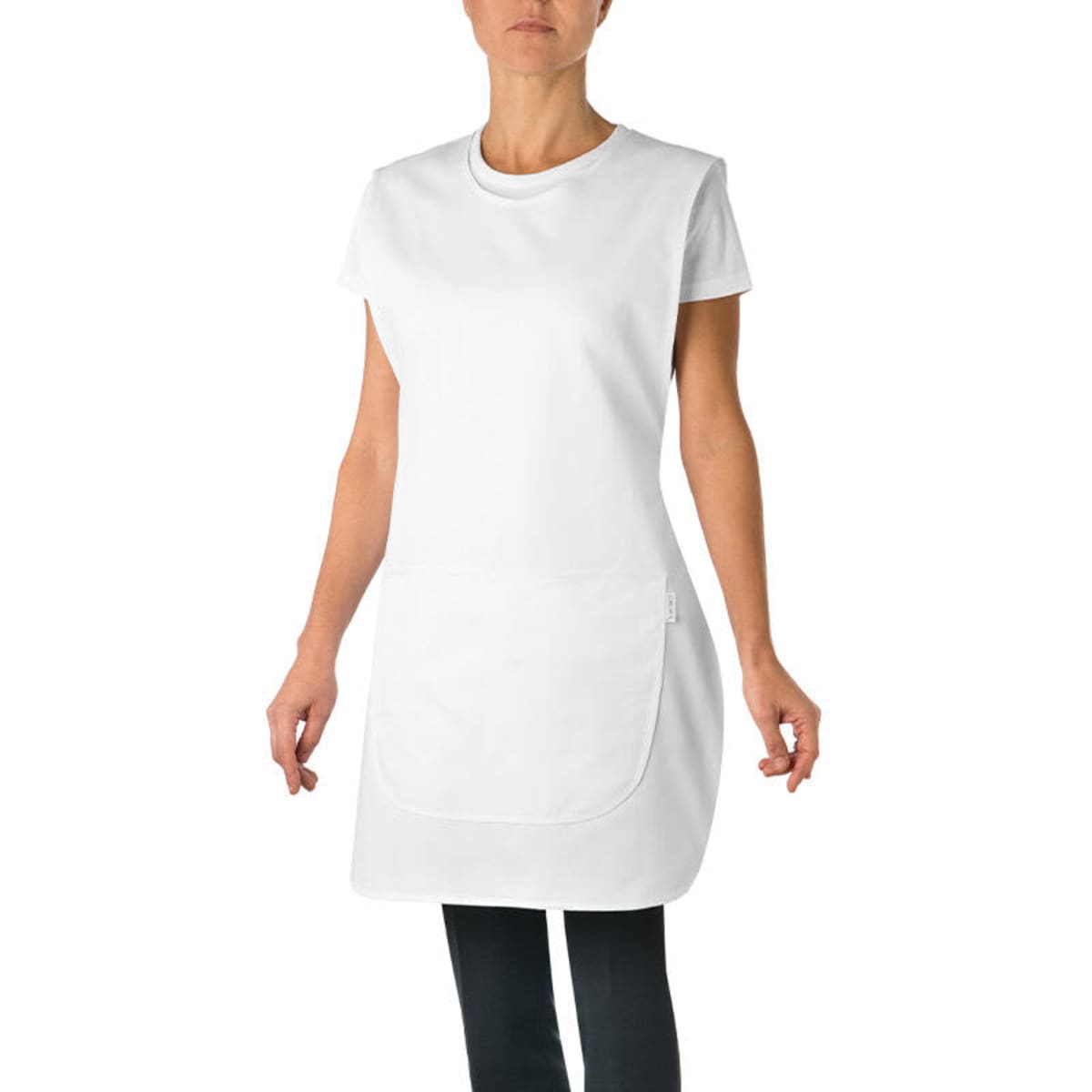 A white apron or pinafore with a large front pocket, designed for durability and style.