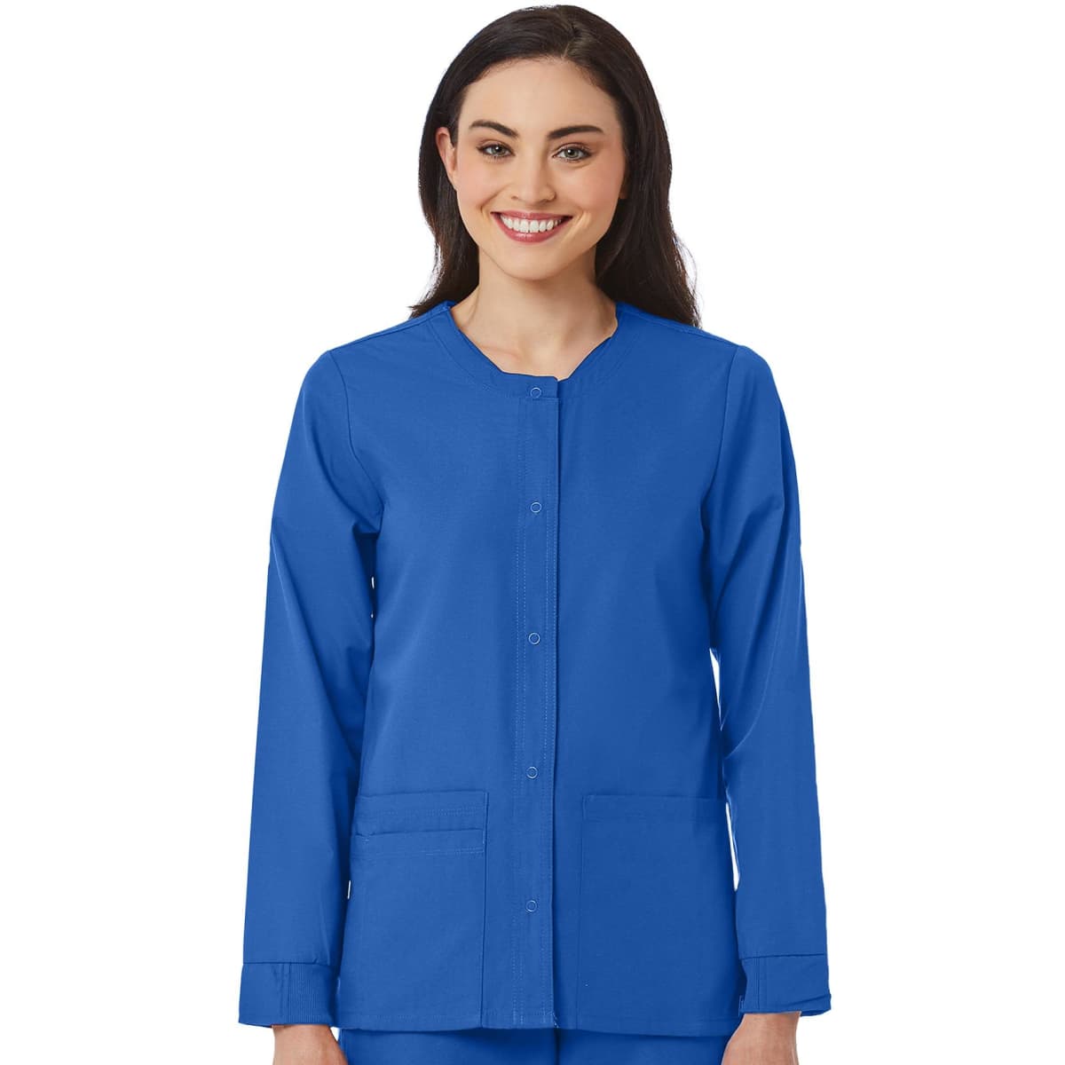 A women's warm-up jacket in bright blue, featuring a button front and two pockets, along with a logo.