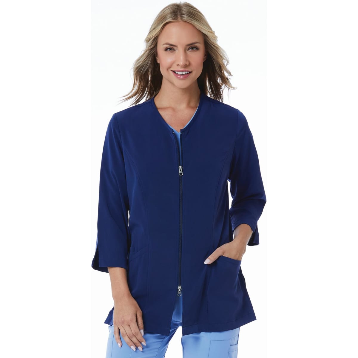 A navy blue women's lab jacket with 3/4 sleeves and a zip front, featuring side pockets and a stylish design.