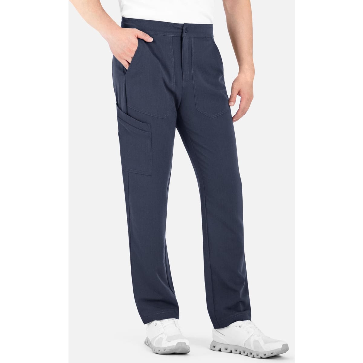Men's cargo pants in navy blue, featuring a half elastic waistband and side pockets, with a logo displayed.