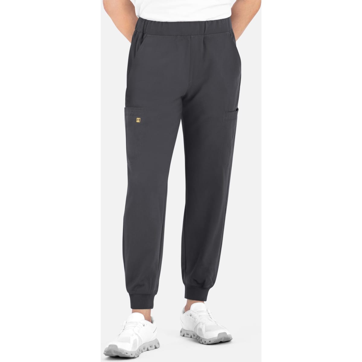 A pair of men's joggers in dark grey with a full elastic waistband and side pockets. Features a logo.