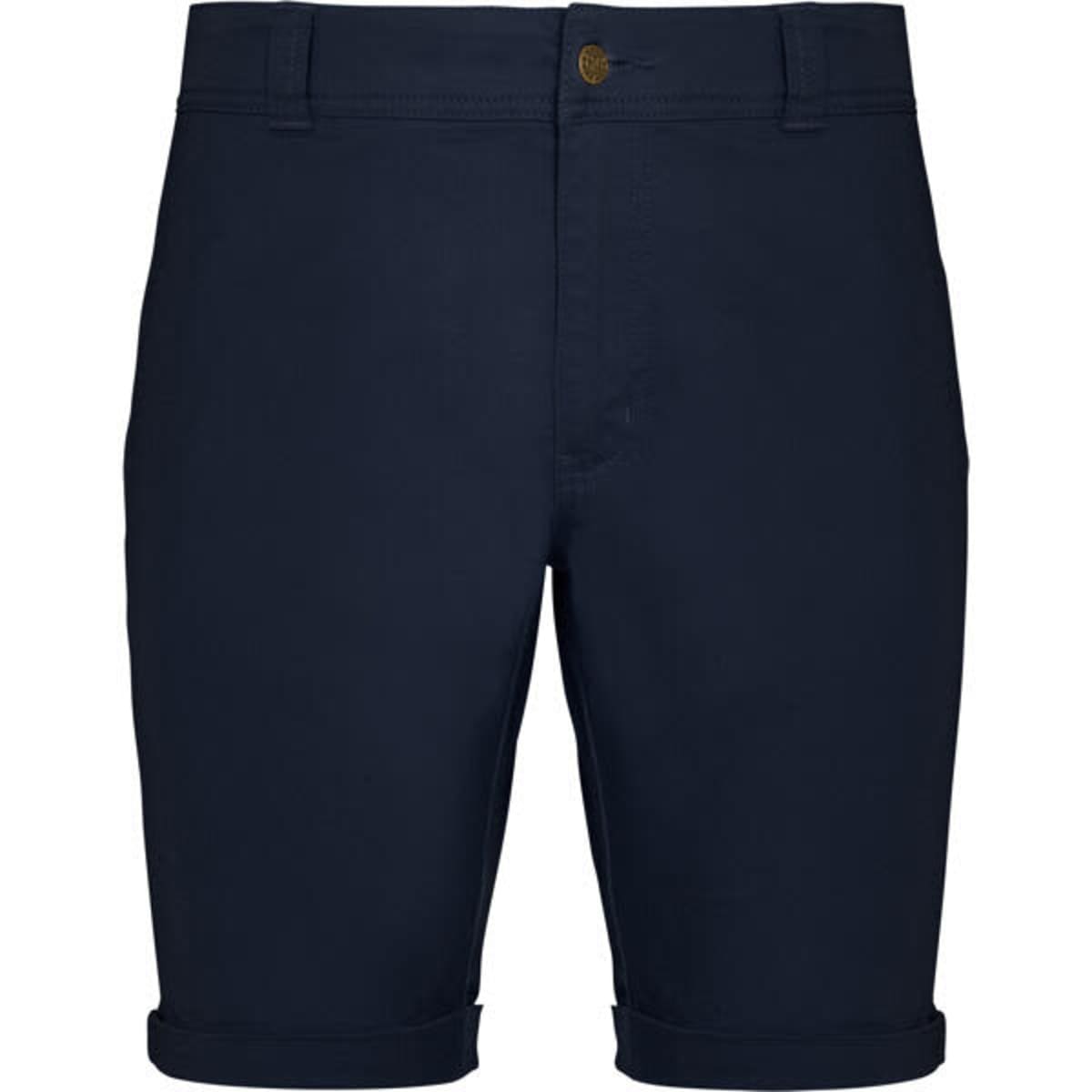 Navy blue dress shorts with a button and zip fastening, featuring rolled cuffs and a small logo on the front.