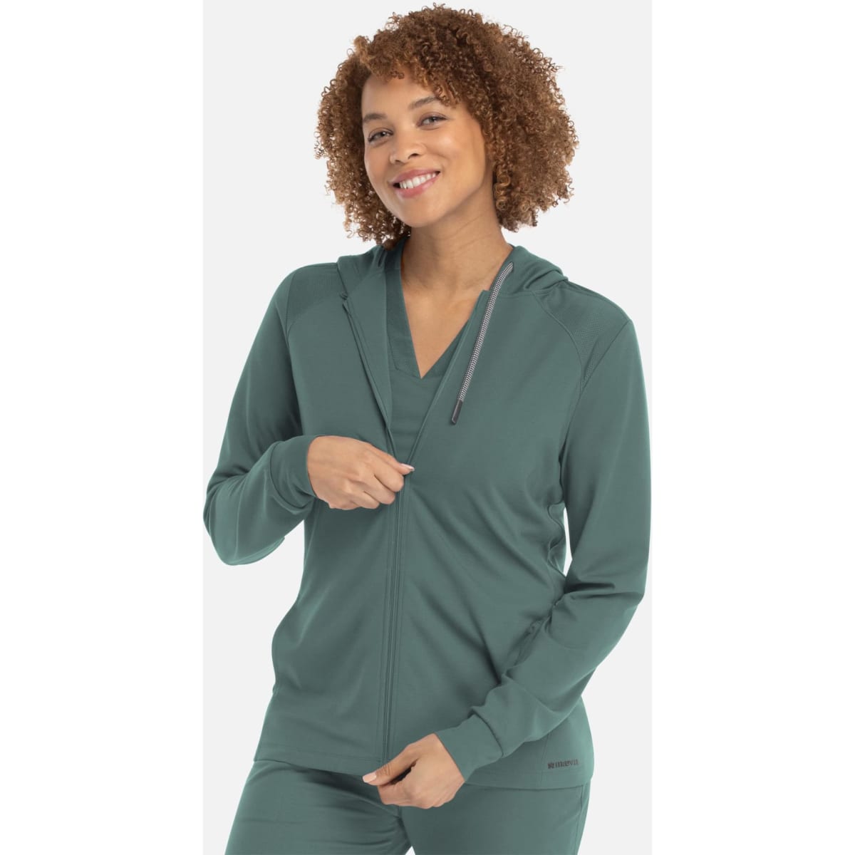 A hooded zip front jacket in a teal colour, featuring a slim fit and a logo on the side.