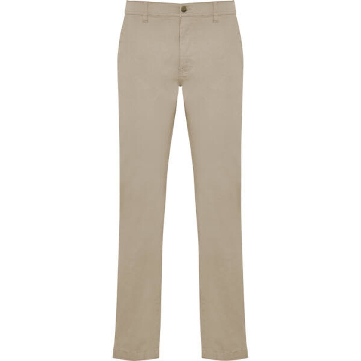 Beige trousers with a straight leg design, featuring a front button and a small branding logo.