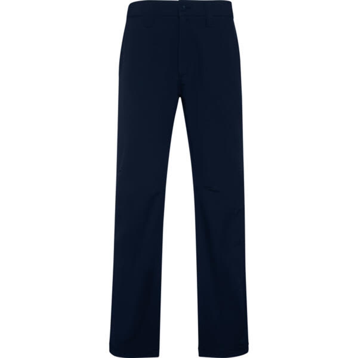 Navy blue work trousers with a straight cut and a standard waistband. Features a logo on the waistband.