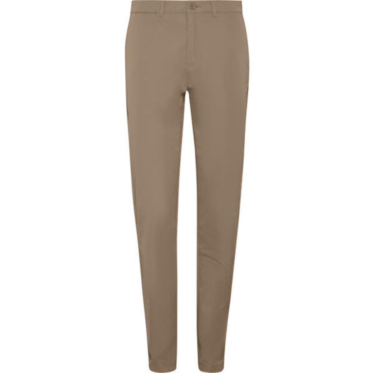 Tan women's chino trousers with a slim fit, featuring a button closure and a logo.
