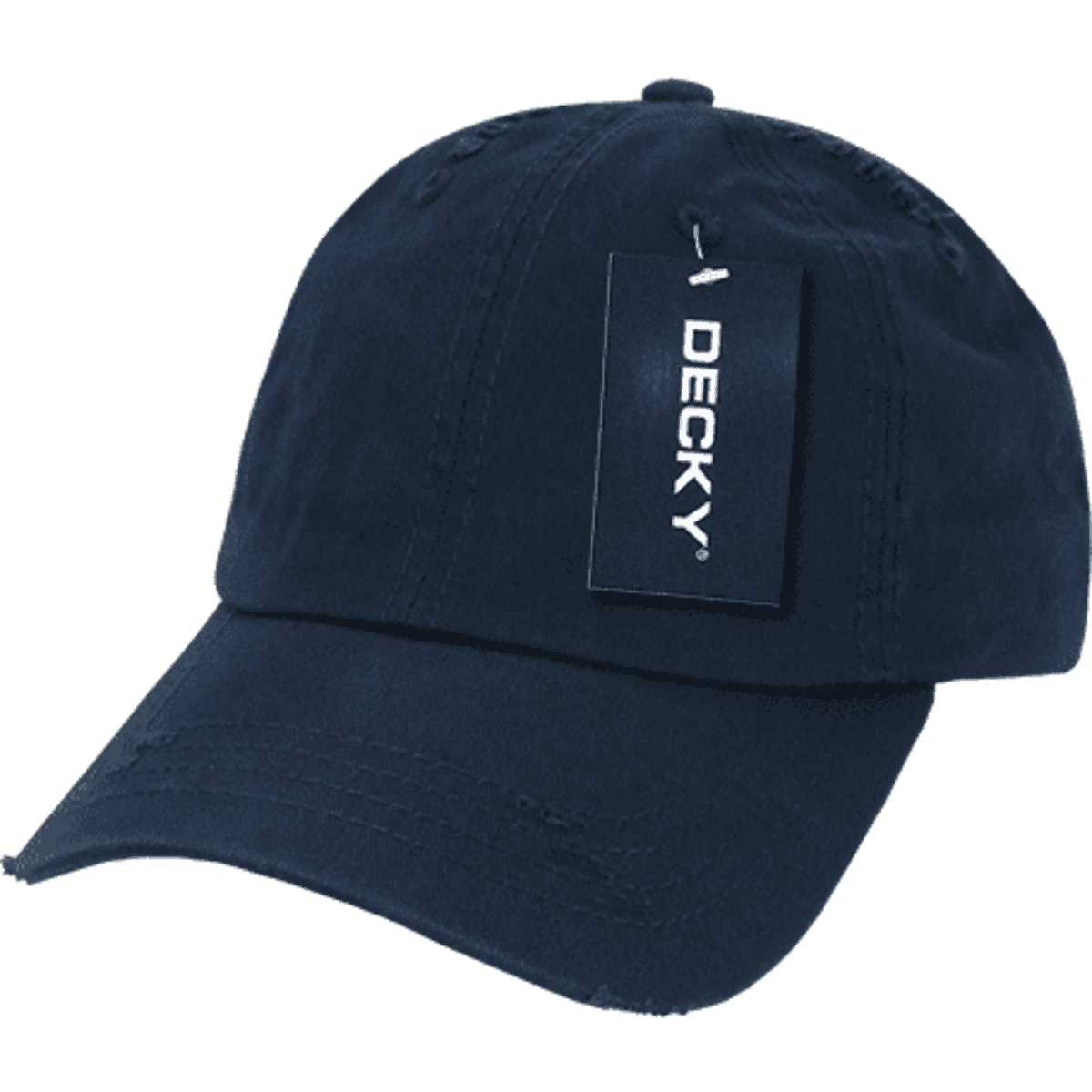 A navy six-panel low-profile relaxed vintage dad hat with a tag attached. It features a classic design and has a logo.