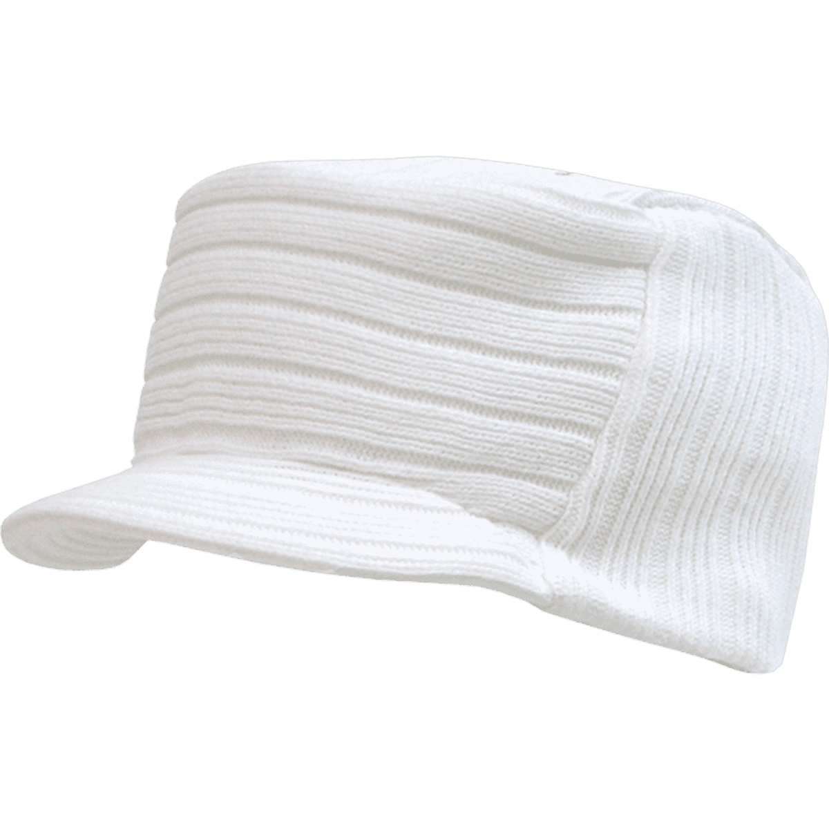 A white ribbed cap with a flat top and a small visor, featuring a logo on the side.