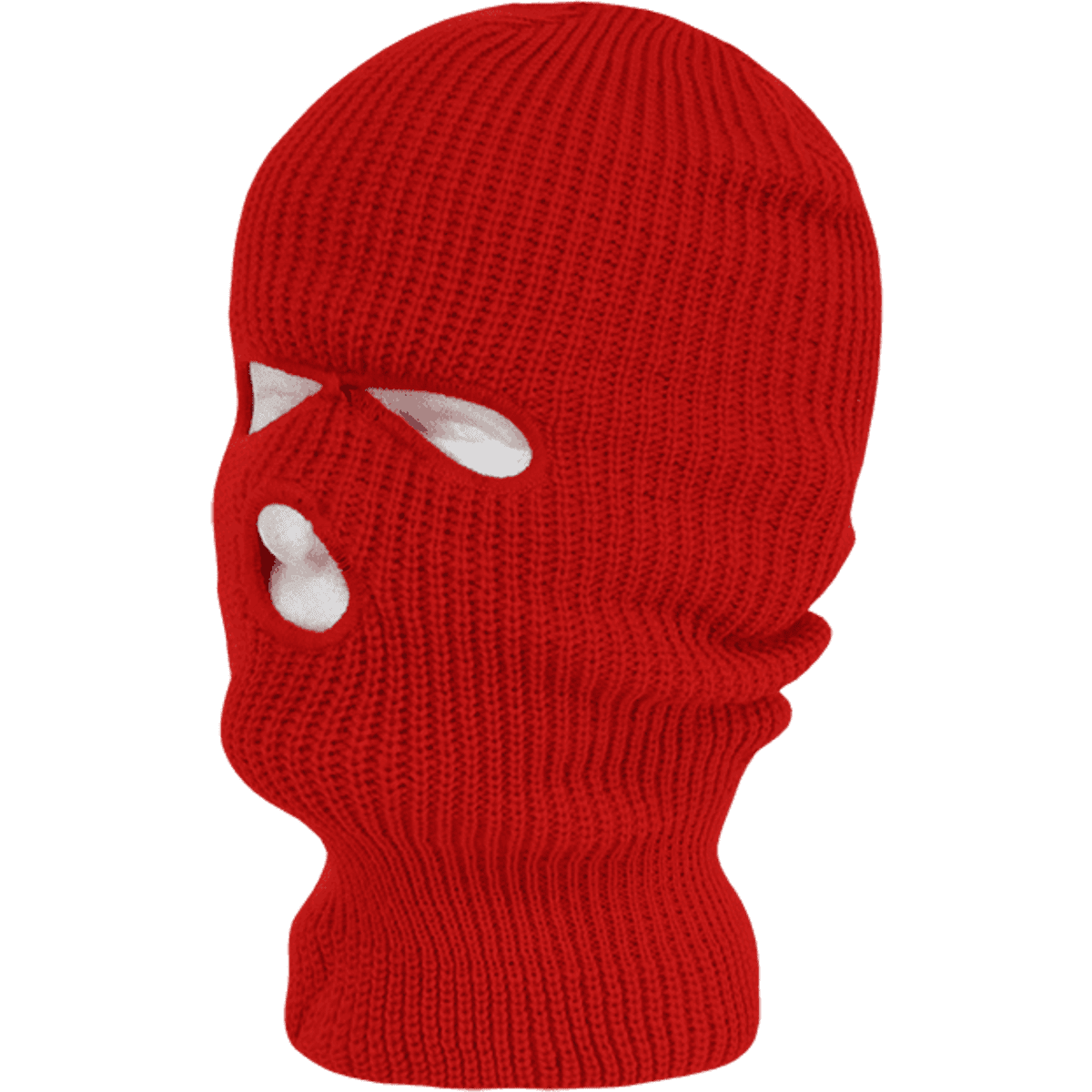 A red beanie with three holes for eyes and mouth, featuring a snug knit design and a logo.