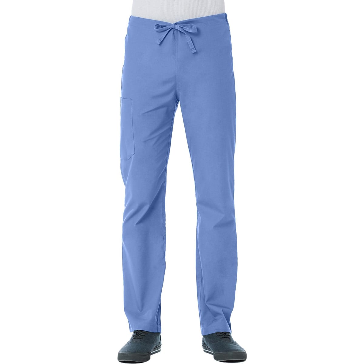Light blue unisex pull-on pants with an adjustable drawstring and side pocket, featuring a logo.