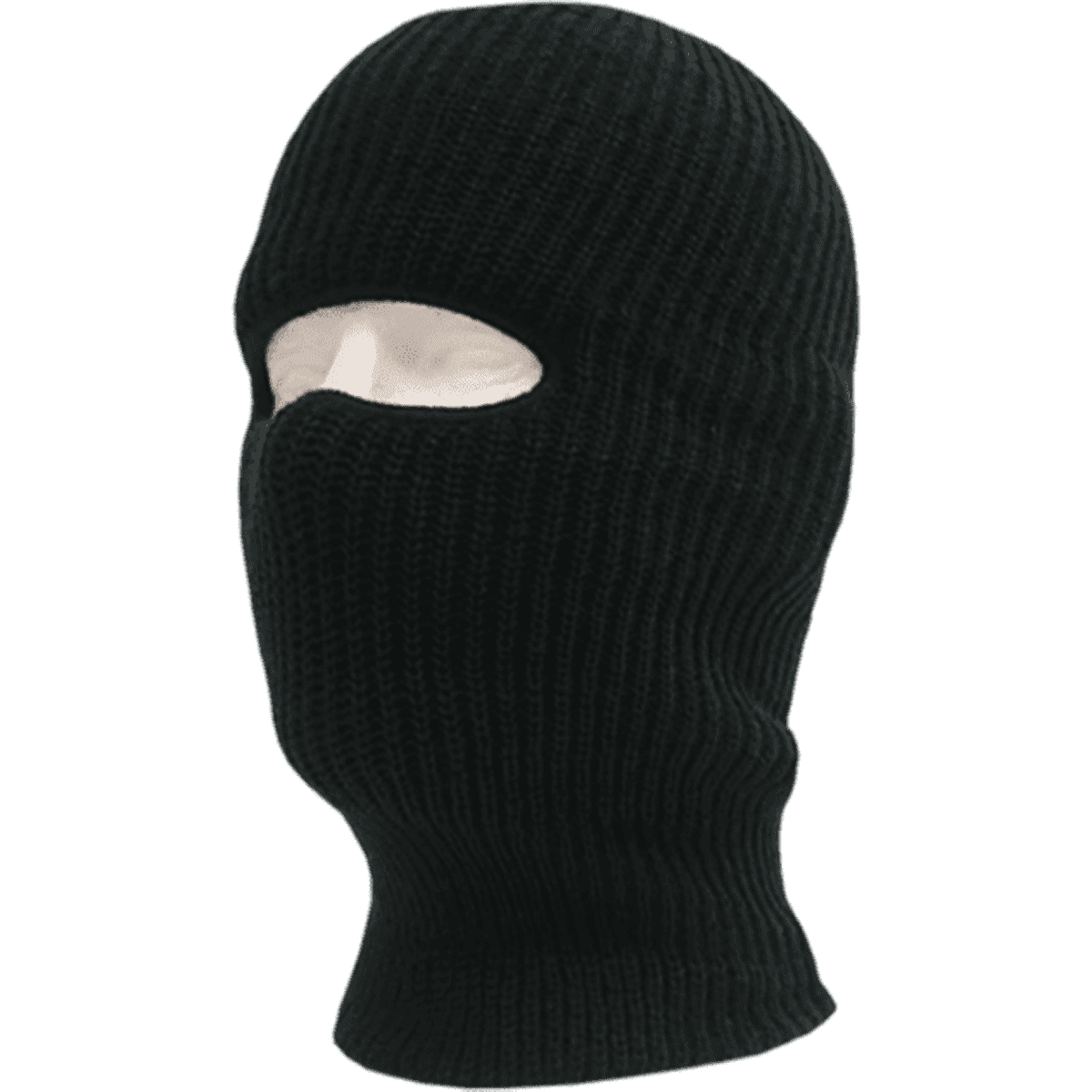 A black face mask beanie featuring one eye hole, crafted from ribbed fabric. It has a logo on it.