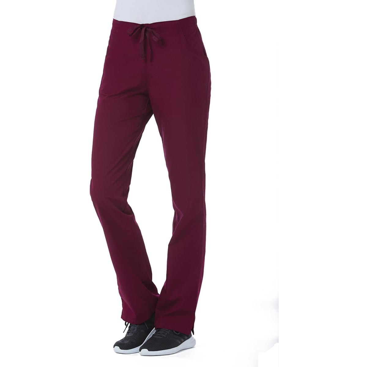 Burgundy women's half elastic pants with a drawstring waistband, featuring a logo.