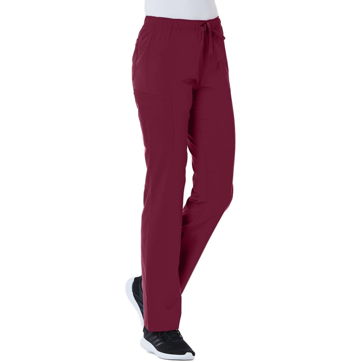 A pair of full elastic cargo pants in a rich burgundy colour, featuring multiple pockets and a relaxed fit.