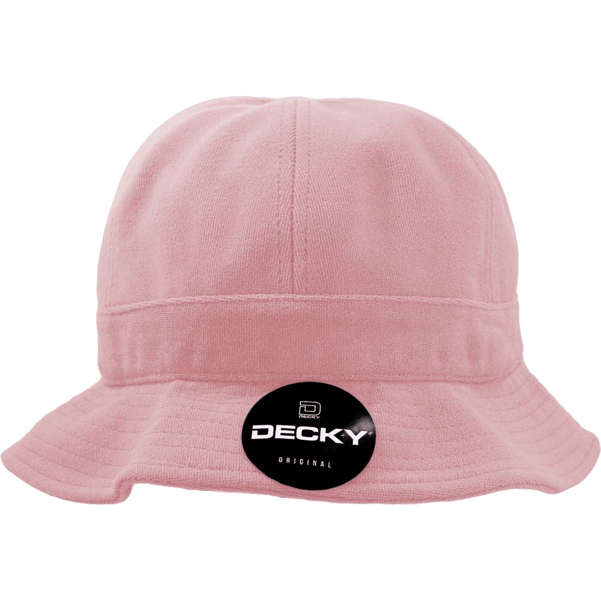 A pink bucket hat with a branded logo on the front, featuring a wide brim and soft fabric.