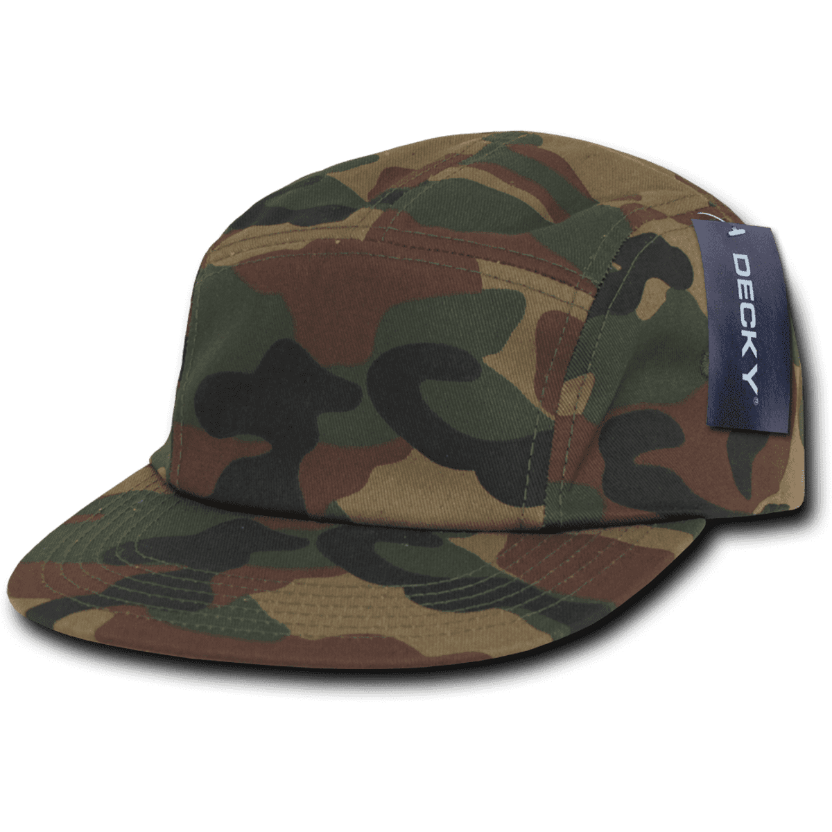A 5 panel racer cap in a camouflage pattern featuring shades of green, brown, and black with a small branded label.
