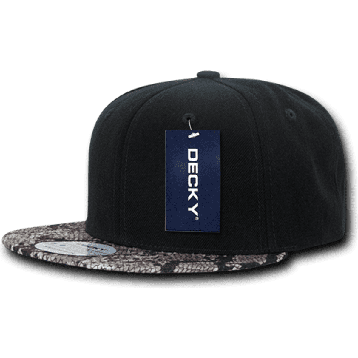 A snapback hat featuring a black body and animal-patterned brim, with a tag attached.