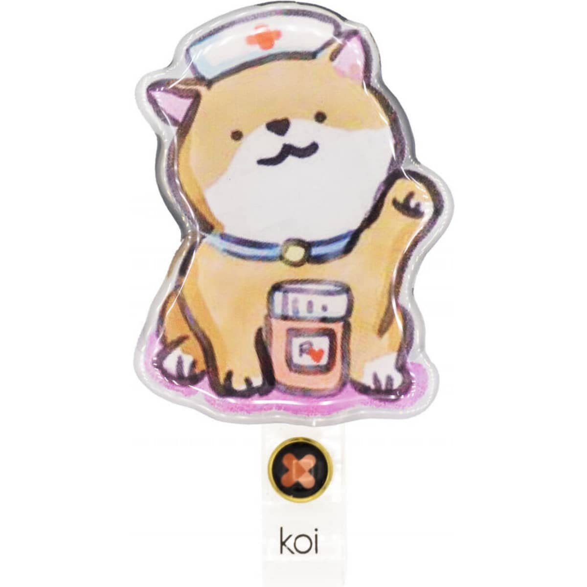 A badge reel featuring a cartoon dog in a nurse outfit, with a medicine jar, predominantly in beige and white colours.