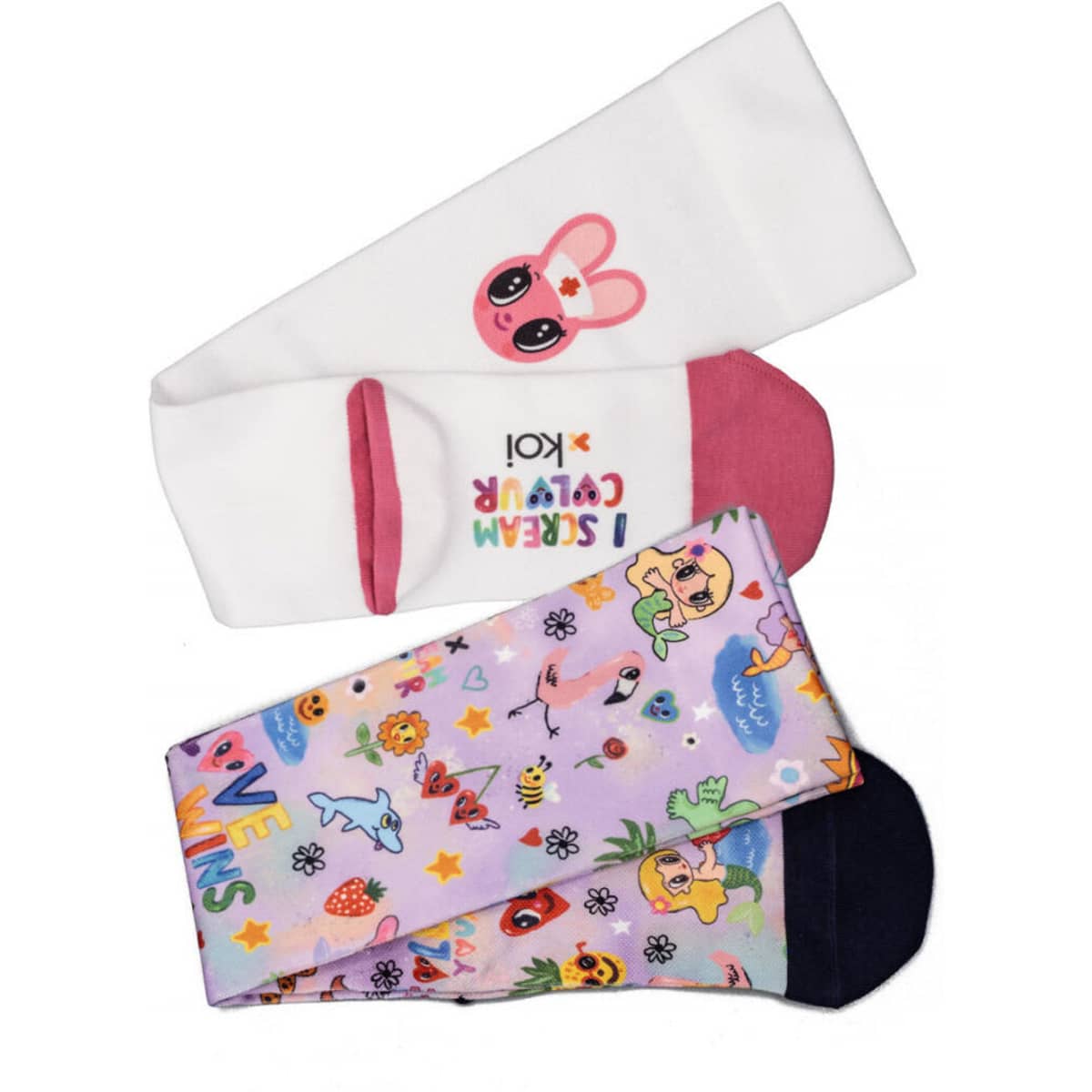 A pair of colourful sublimation socks featuring playful patterns, including animals and fun designs, with a logo.