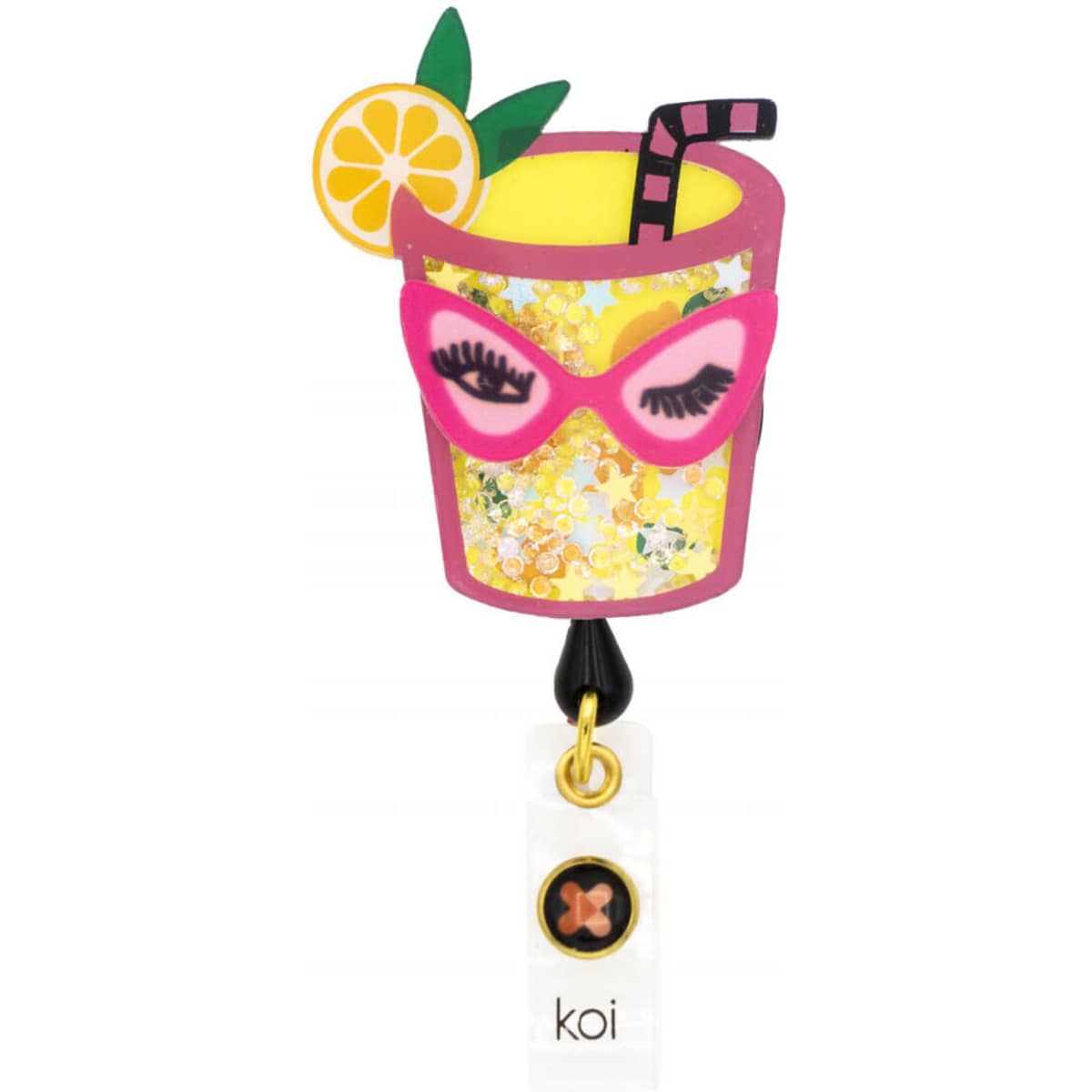 A vibrant badge featuring a drink with sunglasses, lemon, and a striped straw, in bright yellow and pink colours.