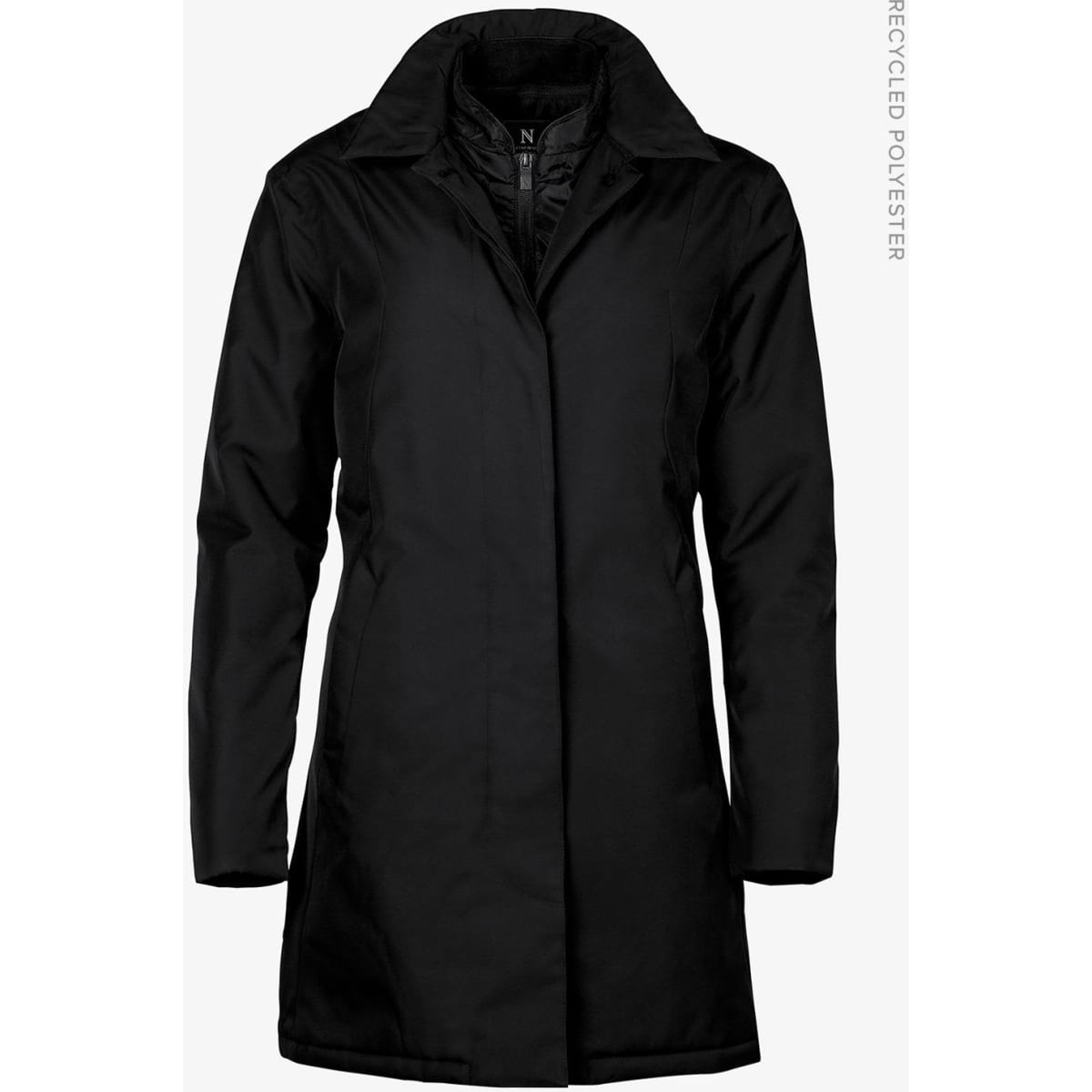 A black women's jacket with a collar and long sleeves, made from recycled polyester. It includes a logo.