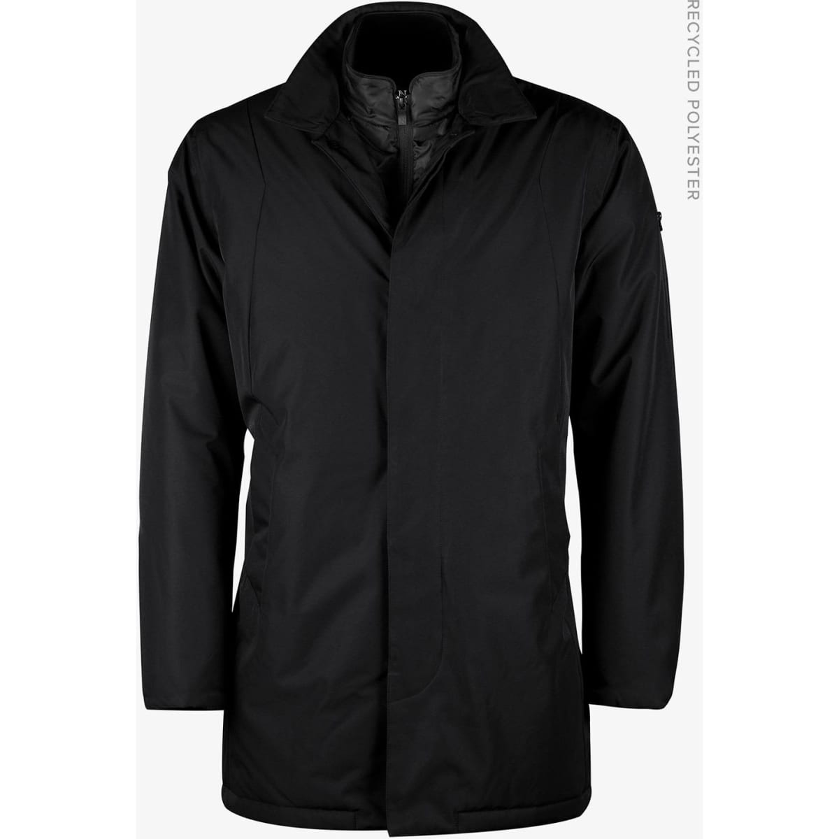 A black men's jacket featuring a collar and a logo, made from recycled polyester.