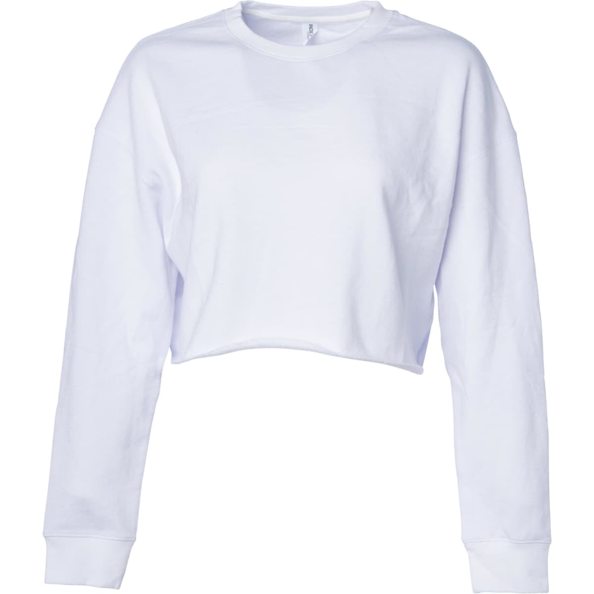 A white women's crop crew sweatshirt with long sleeves and a relaxed fit. It features a logo.