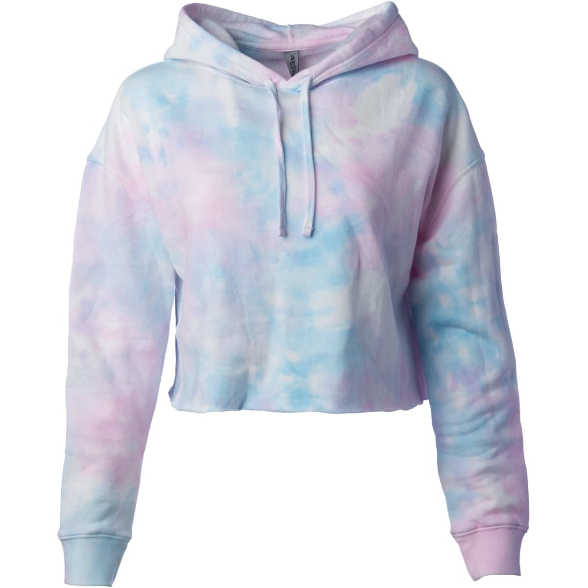A women's cropped hoodie in pastel pink and blue tie-dye, featuring a hood and long sleeves. It includes a logo.