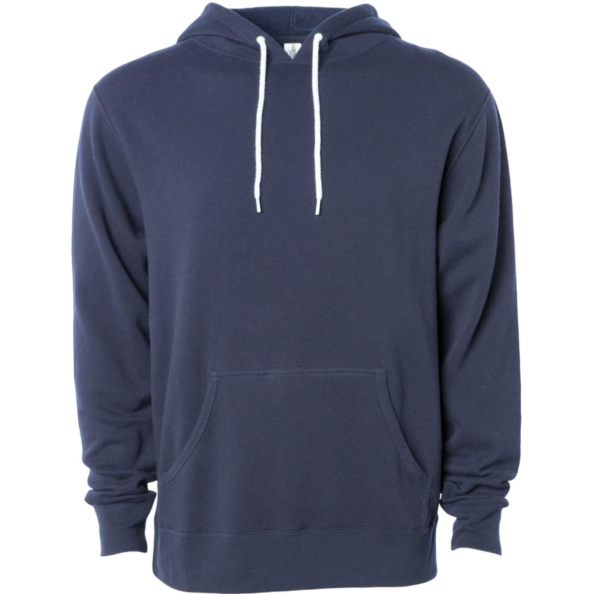 A unisex lightweight pullover hood in navy blue with a front pocket and a drawstring hood. Features a logo.