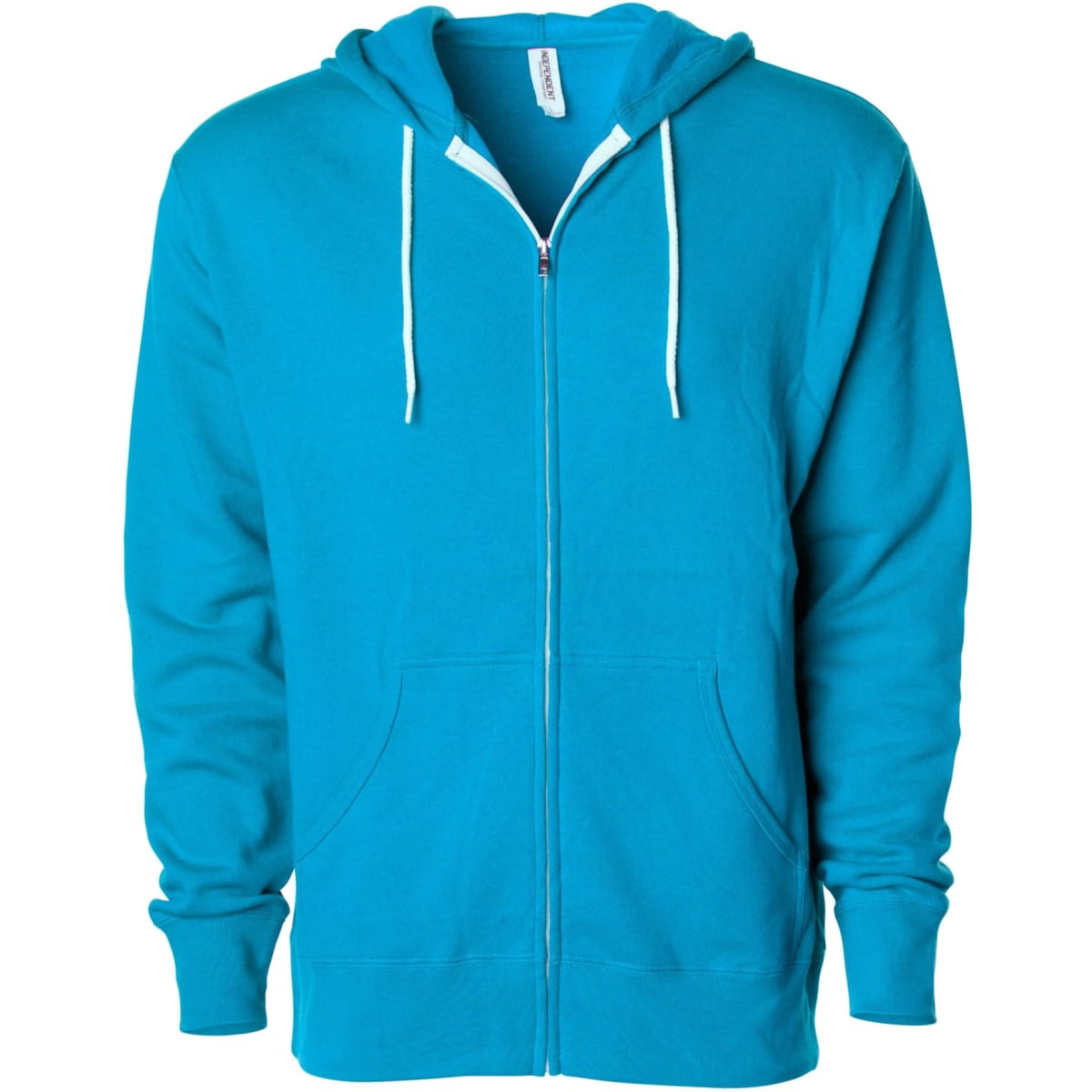 A turquoise unisex lightweight zip hood with a front zip and kangaroo pockets, featuring a logo.