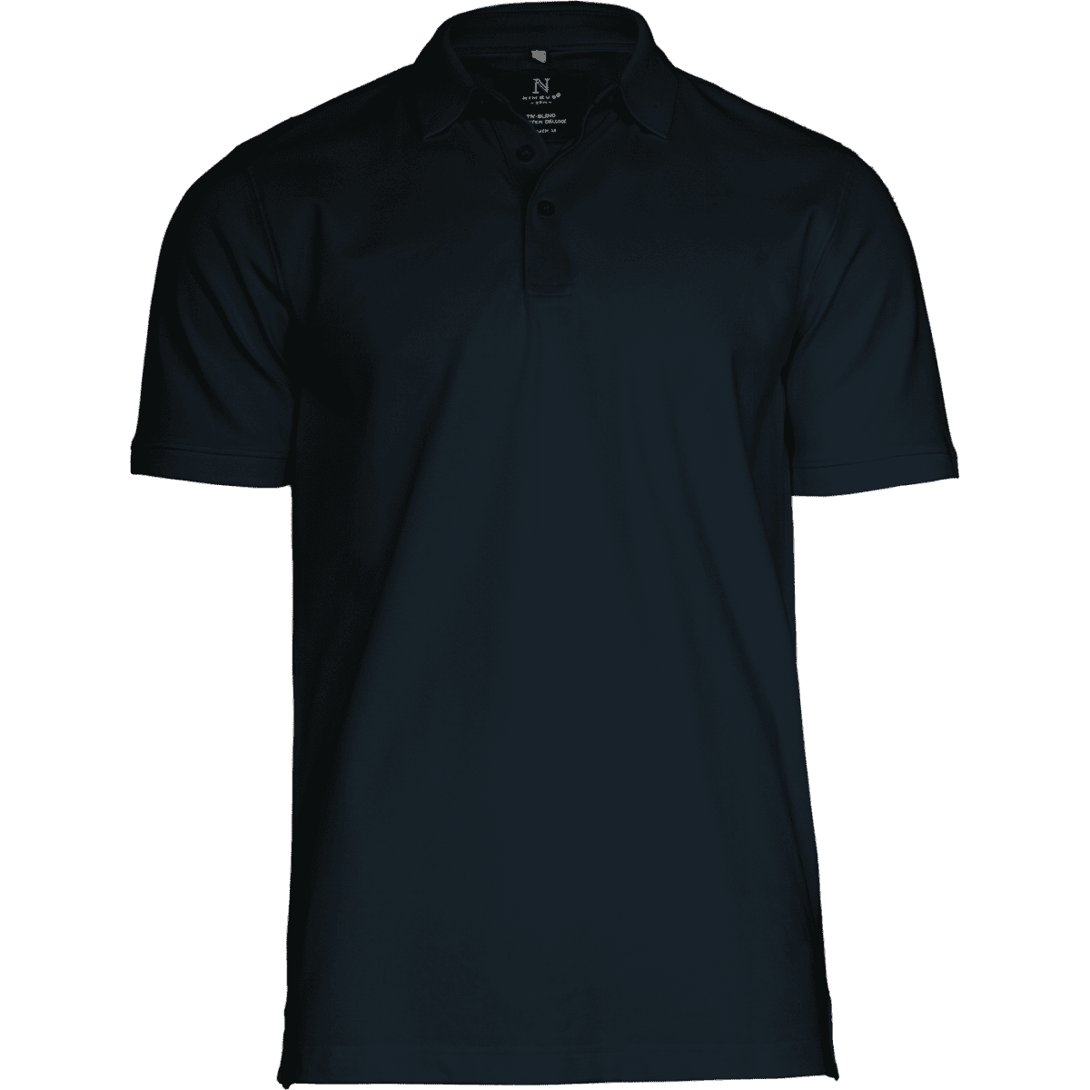 A navy polo shirt with a classic collar and short sleeves, featuring a logo on the chest.