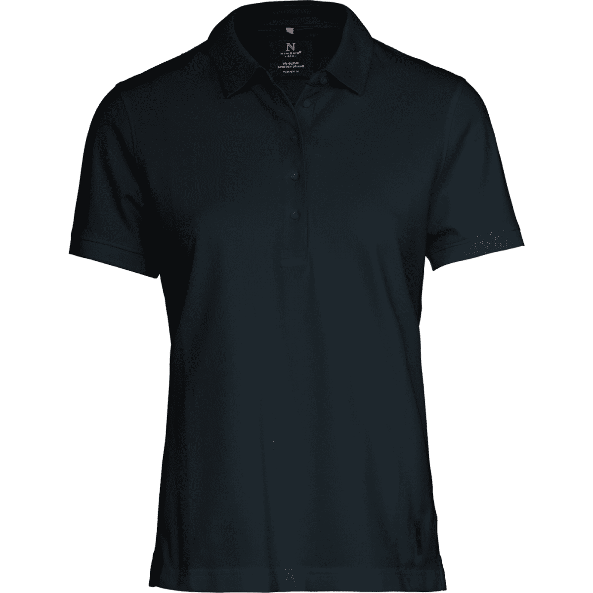 A dark navy women's polo shirt with a classic collar and a logo on the label.