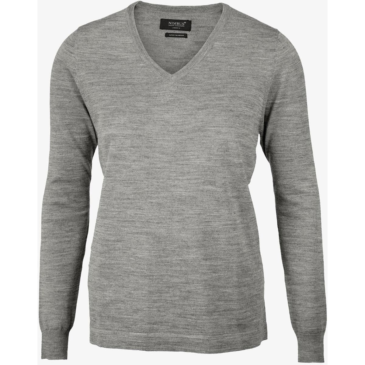 A grey v-neck jumper featuring long sleeves and a soft knit texture, with a logo on the label.
