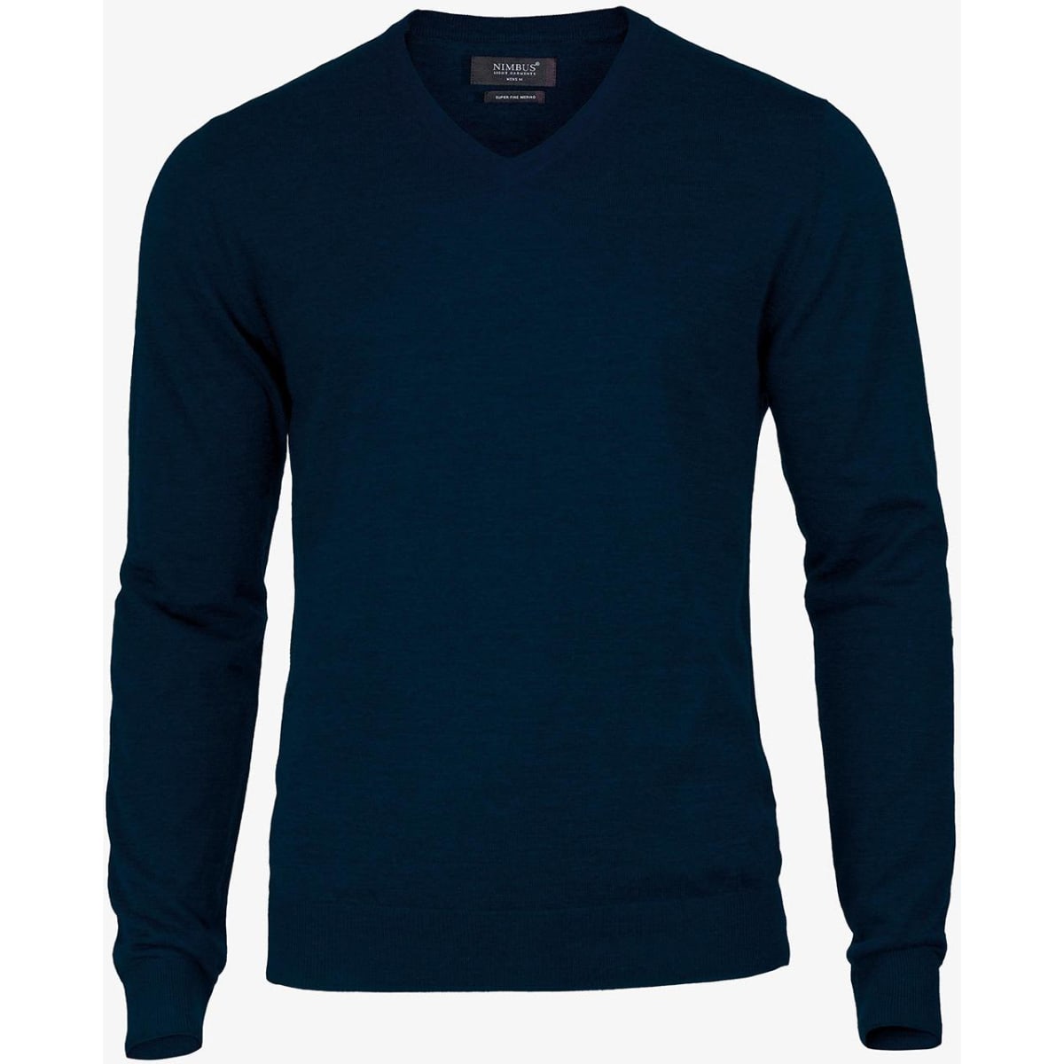 A navy blue v-neck jumper with long sleeves, featuring a branding tag on the neckline.
