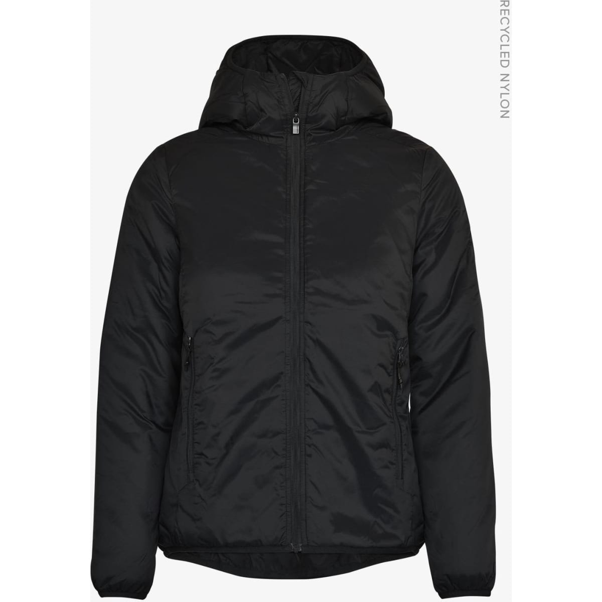 A black women’s jacket with a hood, featuring a zip front and side pockets, made from recycled nylon.