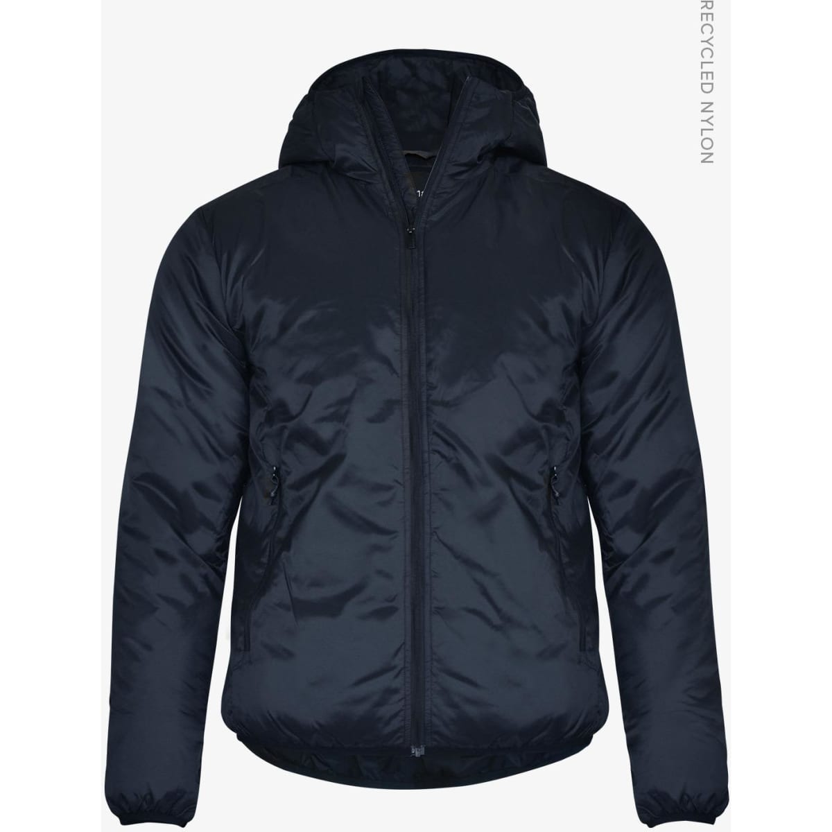 A navy blue men's jacket featuring a hood, zip closure, and two side pockets. It has a logo on the design.