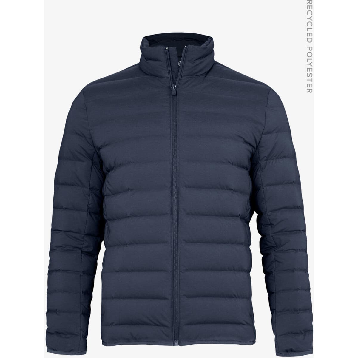A navy blue women's down jacket featuring a zip front and long sleeves, made from recycled polyester.