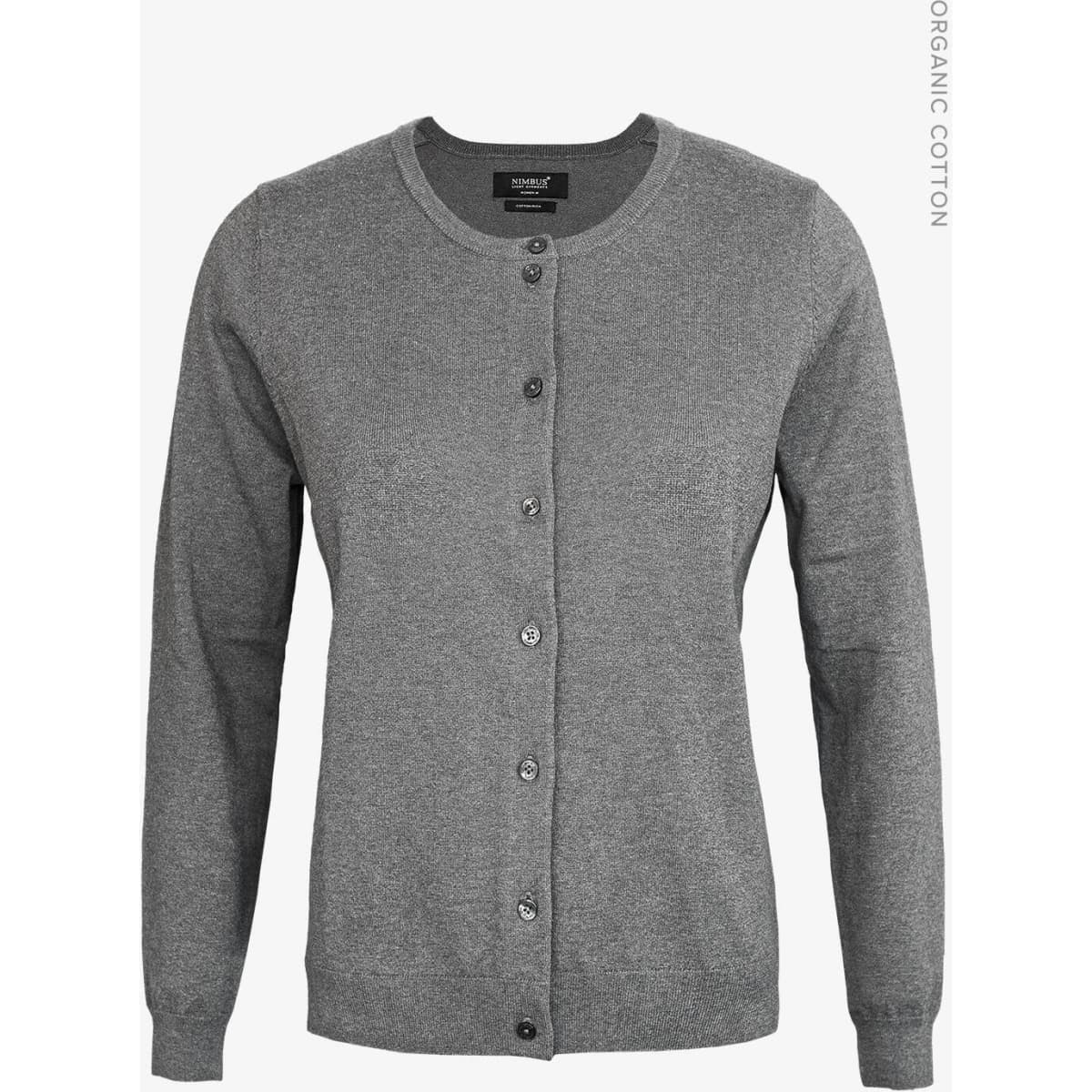 A grey cardigan with long sleeves and a button-up front, made from organic cotton, featuring a logo tag.