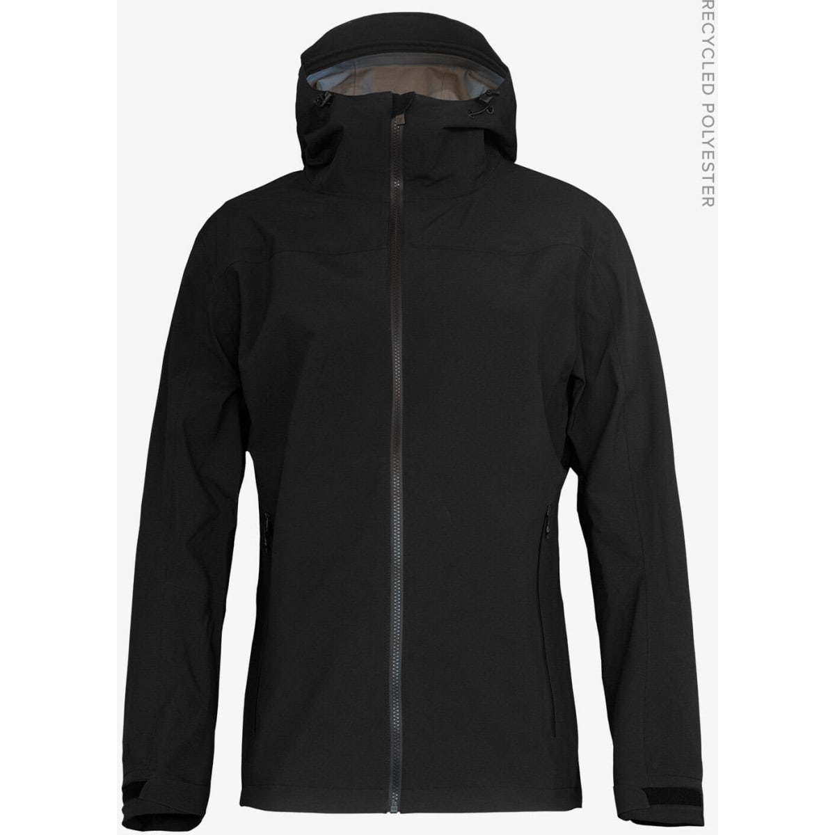 A black shell jacket for women featuring a full zip and a hood, made from recycled polyester. Contains a logo.