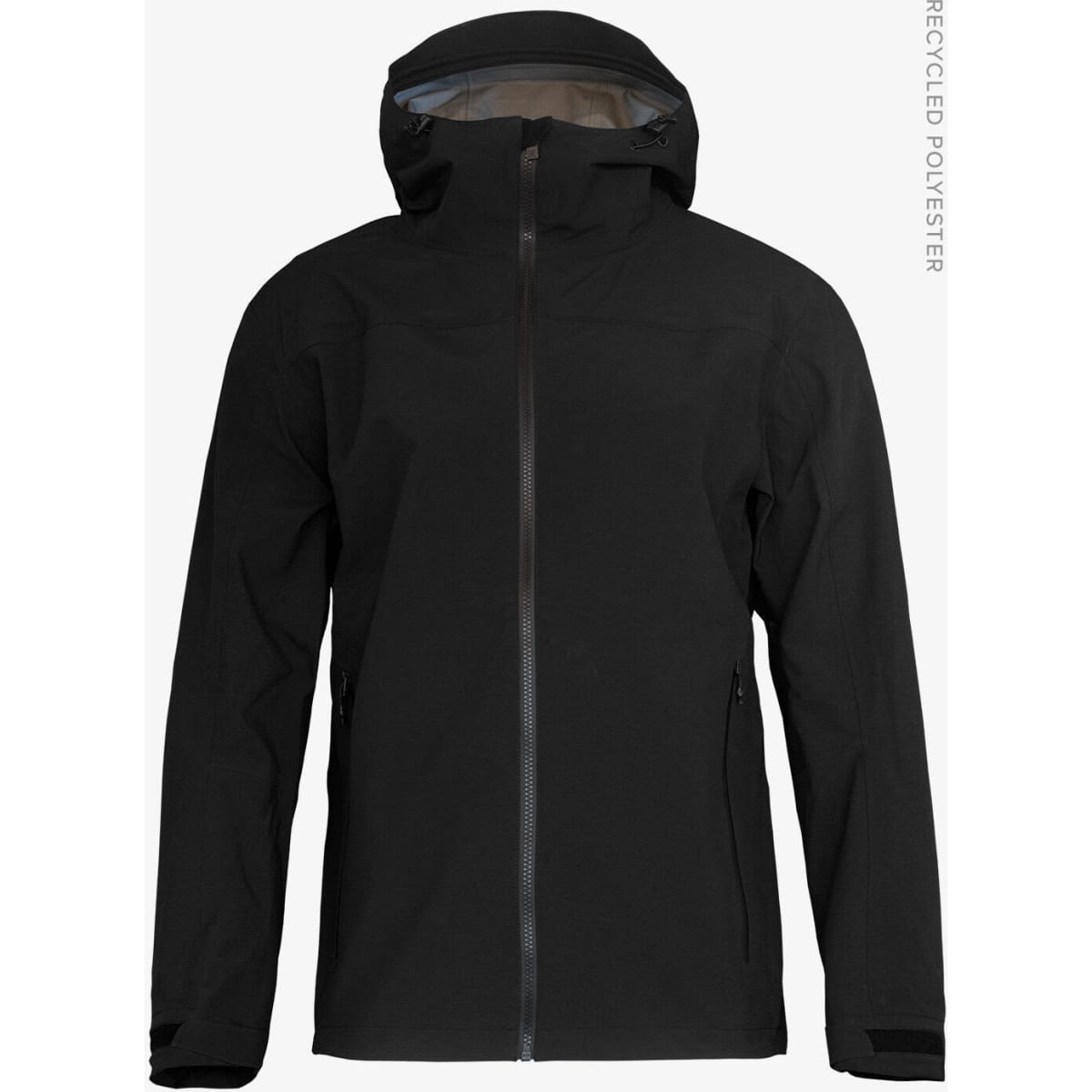 A black shell jacket featuring a hood and zip pockets, made from recycled polyester, with a logo on the side.