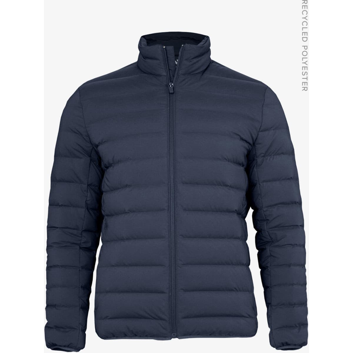 A navy blue down jacket for men, featuring a zip-up front and a standing collar. It has a logo present.
