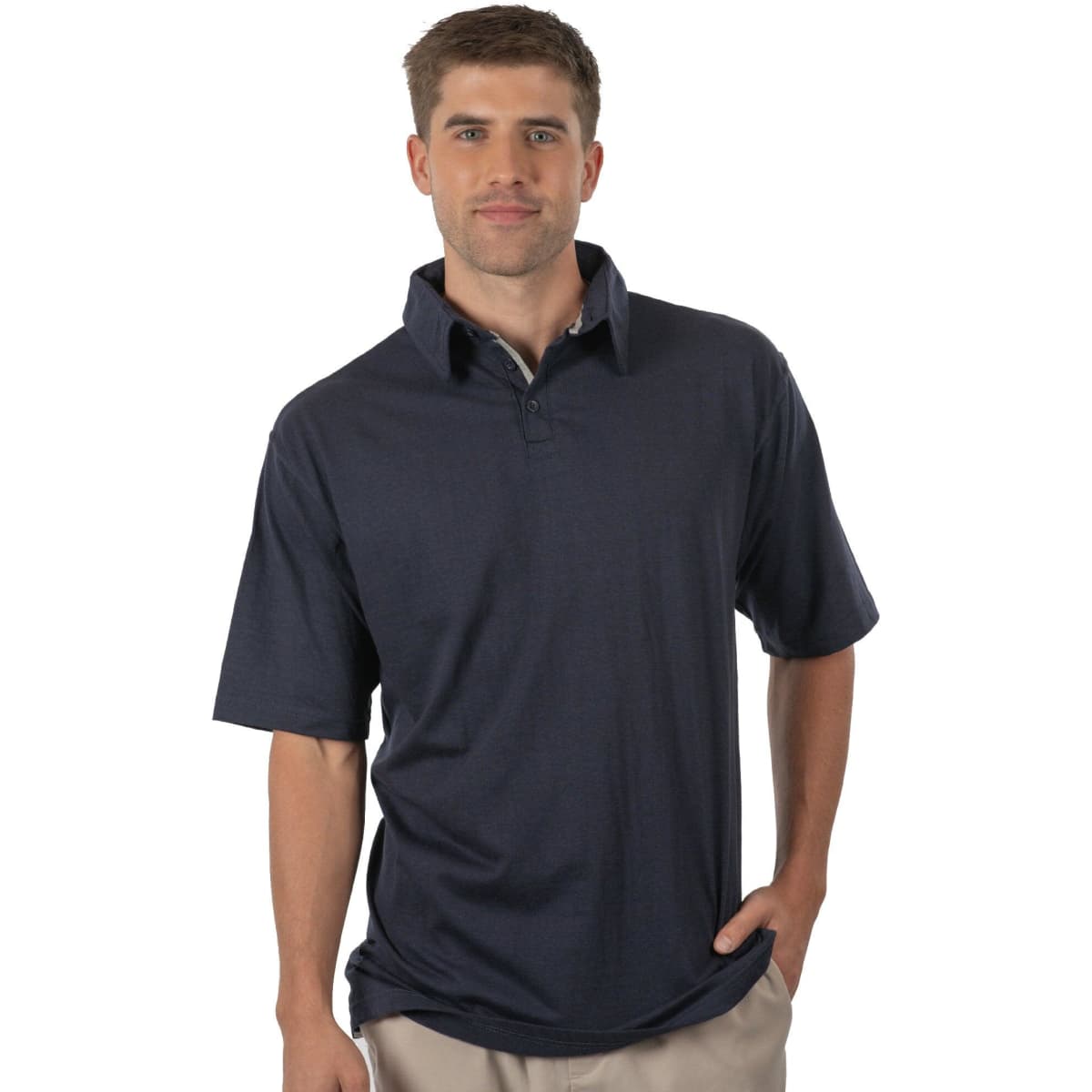 A navy blue polo shirt with a collar and short sleeves, featuring a subtle logo on the chest.