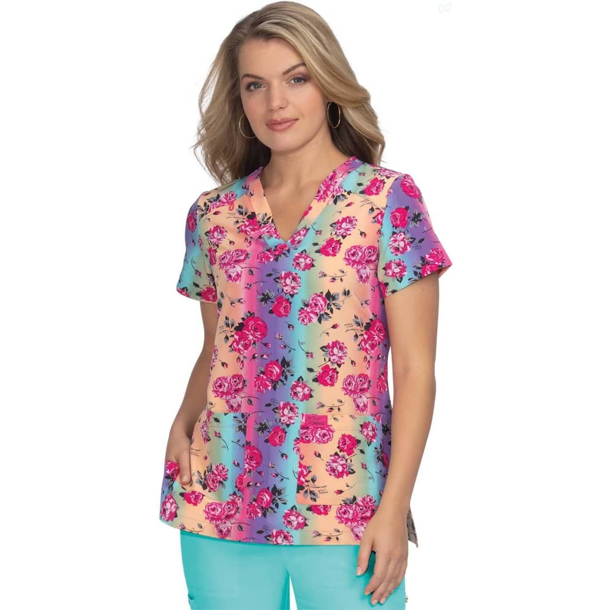 A floral-print top featuring vibrant colours including pink, blue, and yellow, with short sleeves and a V-neck design.