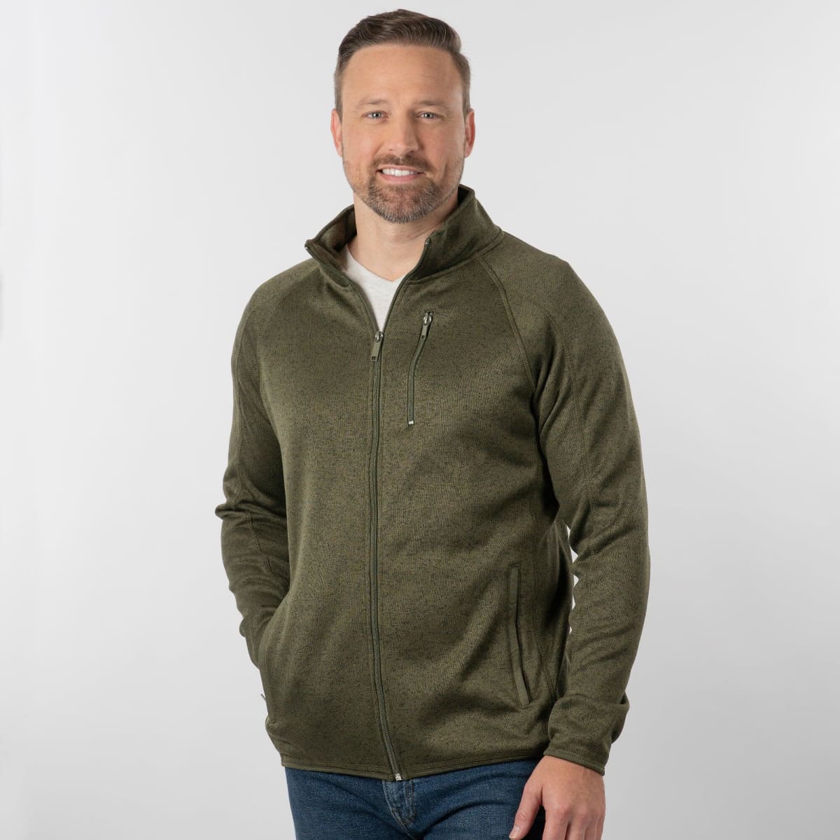 A full zip sweater knit jacket in olive green, featuring a high collar and a zippered chest pocket.