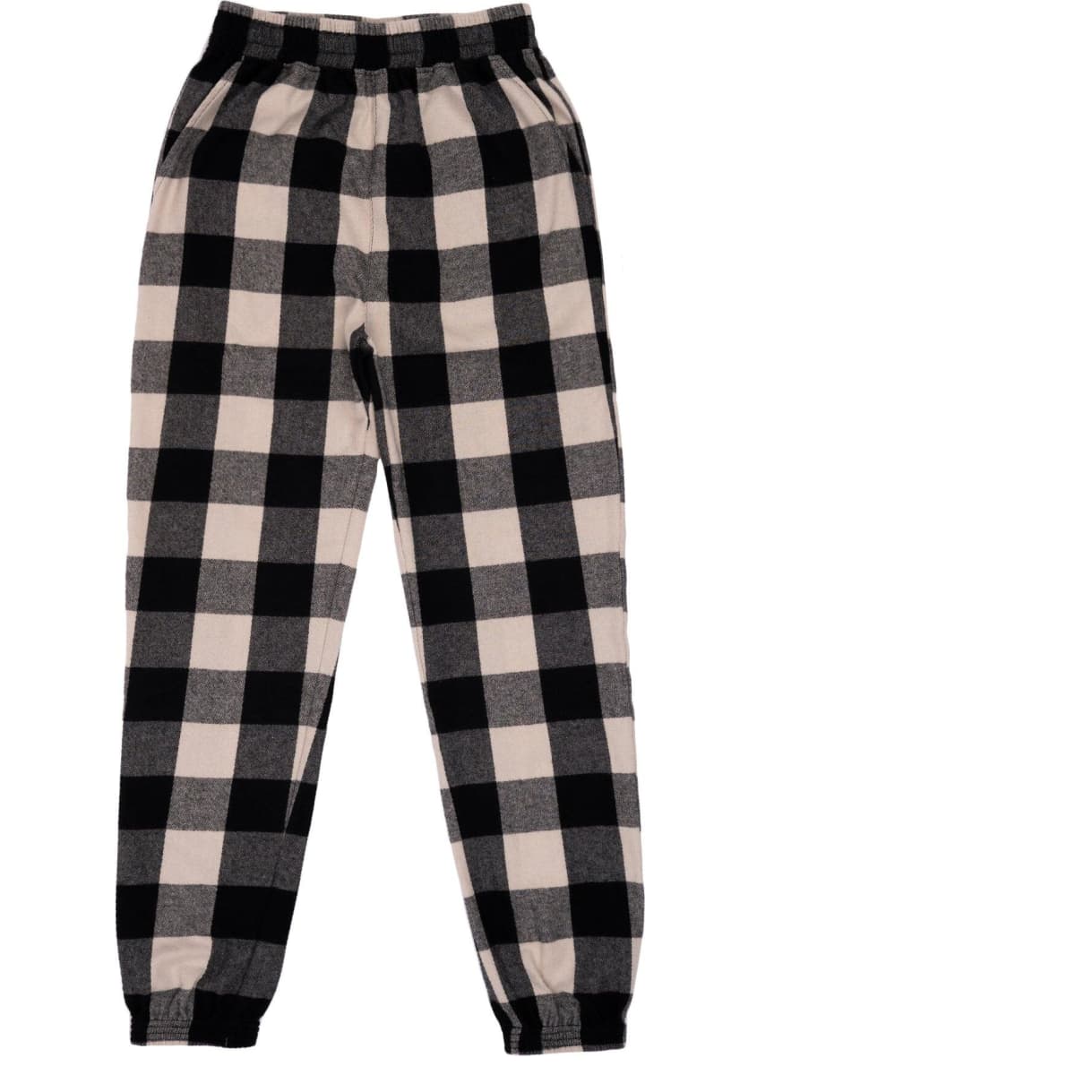 Comfy flannel jogger pants in a black and cream checked pattern, featuring an elasticised waistband and fitted cuffs.