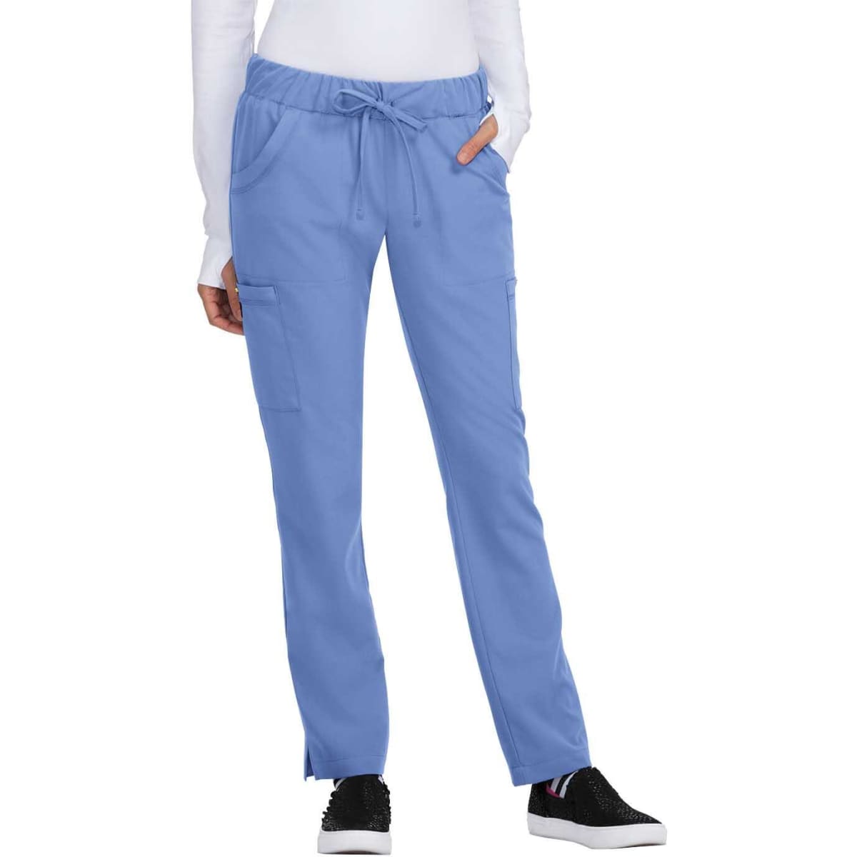 Blue pants with a drawstring waist and side pockets, designed for comfort and practicality. Features a small logo.