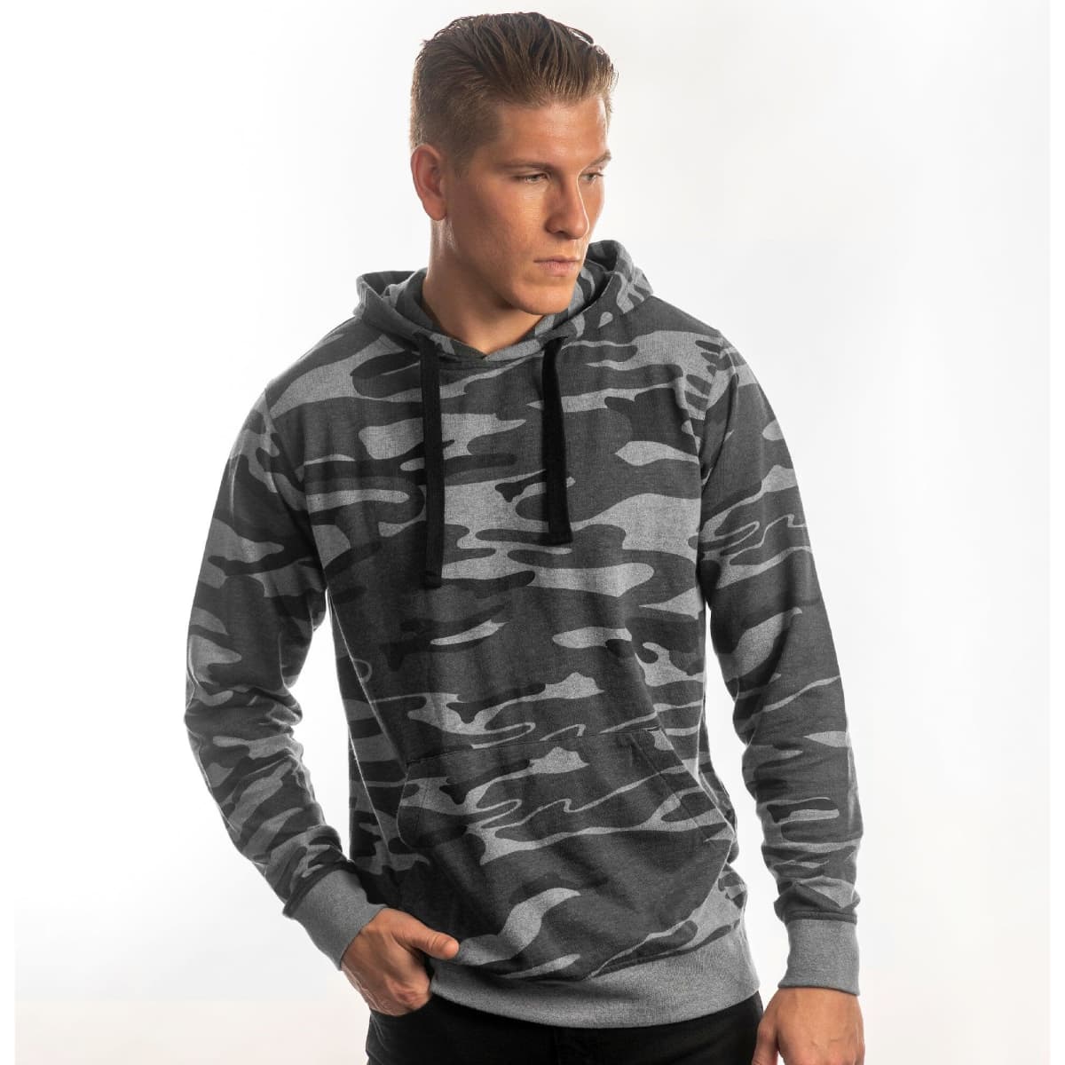 A grey camo pullover hoodie with a front pocket and drawstring hood, featuring a logo.