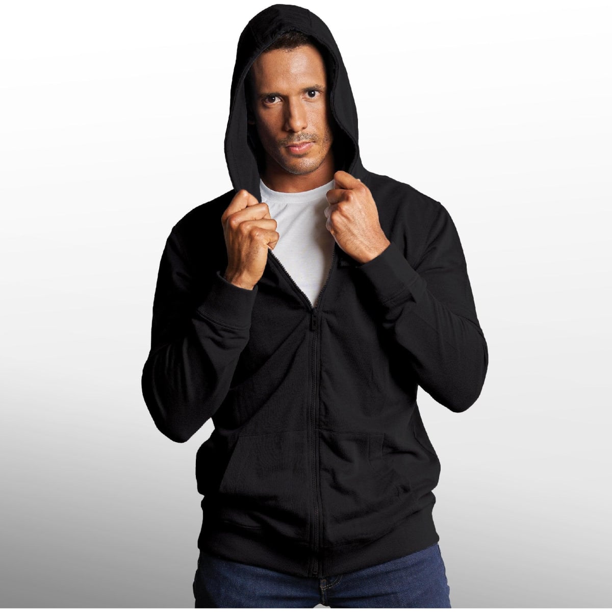 A black full zip hoodie made from enzyme washed French terry, featuring a hood and a front zip closure.