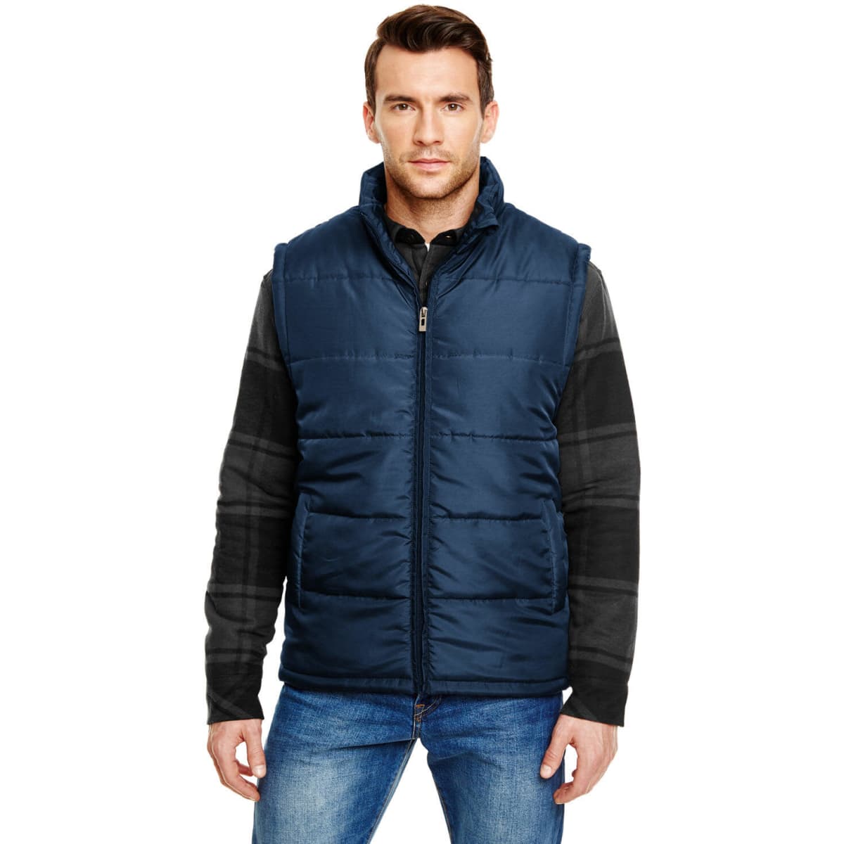A navy puffer vest with a zip front and a high neckline, worn over a black and grey plaid shirt.