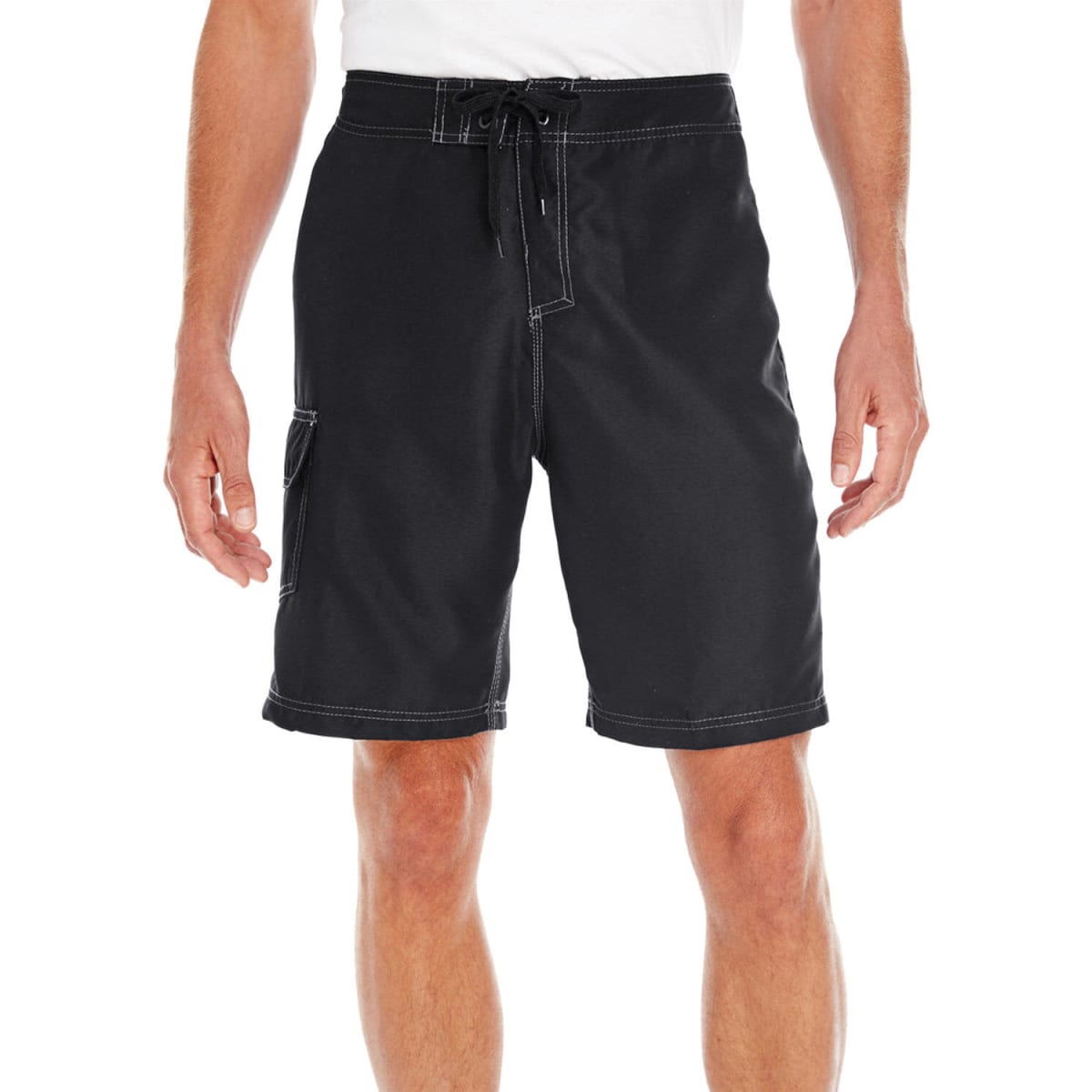 Black boardshorts with drawstring waist and side pocket, featuring contrasting stitching. Suitable for casual wear.