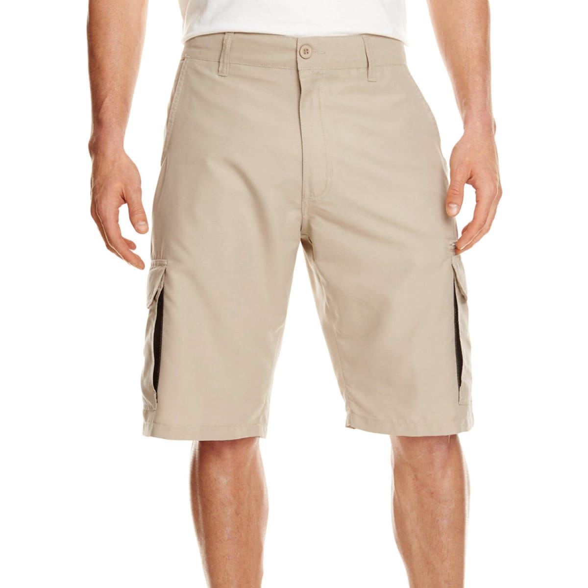 Beige microfiber shorts with side cargo pockets, featuring a button closure and a logo.